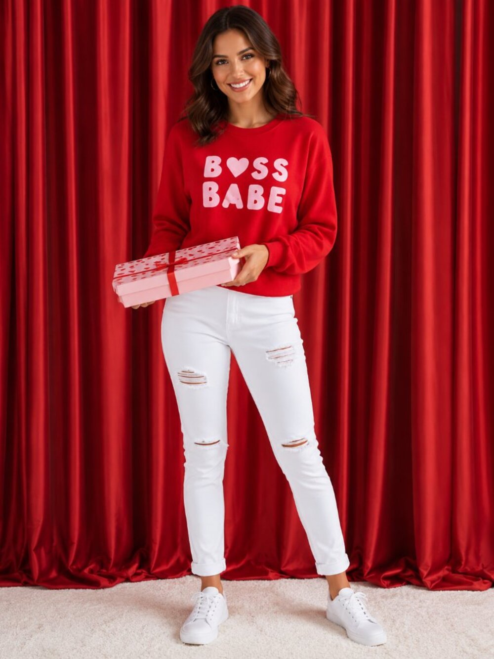 Boss Babe Red Heart Graphic Sweatshirt Cozy Crewneck NWT